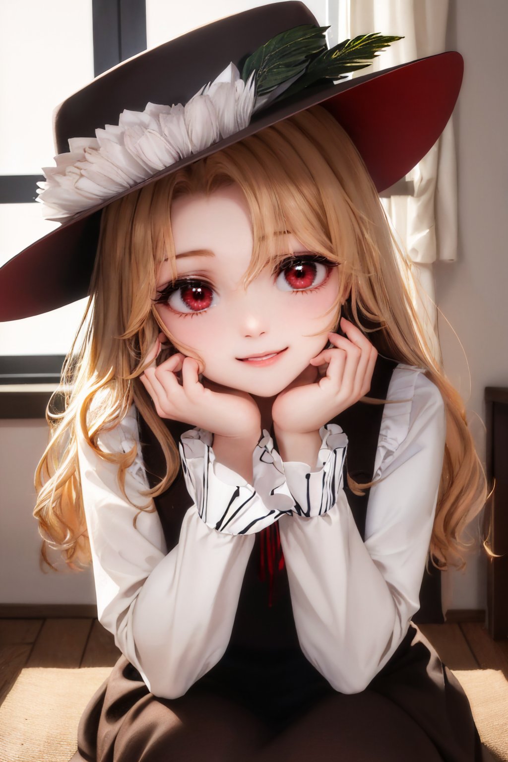 00030-2320206753-(masterpiece, best quality_1.2), , solo, 1girl, dippjacketgirl, smile, looking at viewer, sitting, hand on own face, frilled hat.jpg